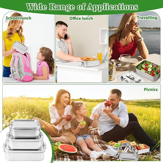 304 Stainless Steel Bento Box 4 Pack,1400/850/550ml Stainless Steel Lunch Box with Spoon, Fork, Lunch Bag, Leak Proof Stackable Food Containers with Lids for Adults Office Camping Picnic Travel