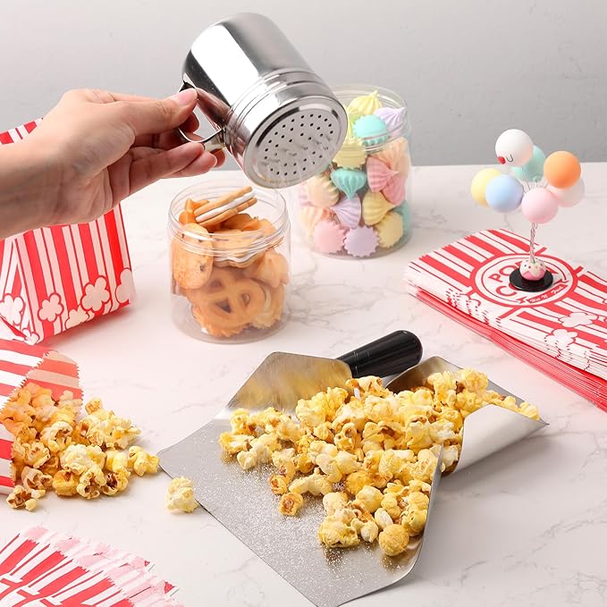 Potchen 502 Pieces Popcorn Machine Supplies Set Includes 500 Pcs 1oz Red and White Popcorn Bags Bundle Scoop and Stainless Steel Seasoning Dredge Salt Shaker for Party Movie Night Theater(Classic)