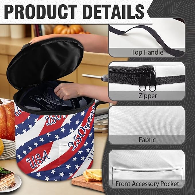 Stars and Stripes Pressure Cooker Dust Cover for America250 Zipper Clouse Slow Cooker Storage Bag Pressure Cooker Organizer Bag Insulated Carrier for 6 Qt Pressure Cooker
