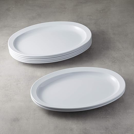Amazon Basics Melamine (Plastic )Oval Platter Narrow Rim, 6 Piece Set, 13 in x 9.75 in, White