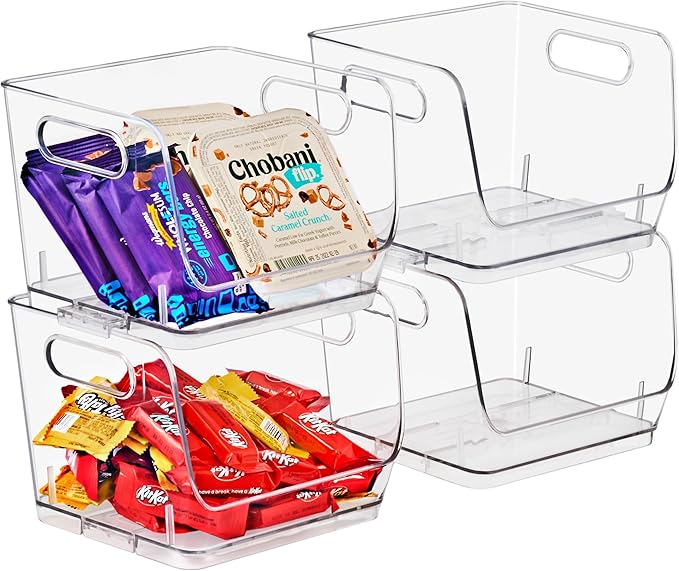 Sorbus Stackable Storage Bins Open Front, Clear Stackable Storage Bins, Pantry Bins for Storage and Organization, Acrylic Stackable Bins for Kitchen, Clear Pantry Organizer Bins (Small Square 4 Pack)