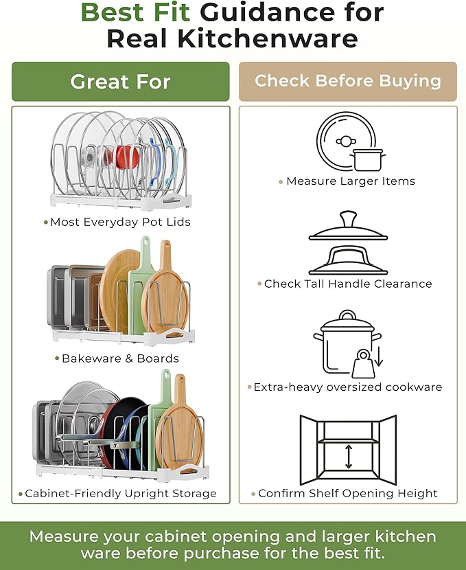 EVERIE Adjustable Bakeware Organizer Pot Lid Holder Rack for Pots, Cake Molds, Cutting Boards, Mats, Cookware, GS02SS, 7.7'' Deep by 12.6'' to 21.5'' Wide
