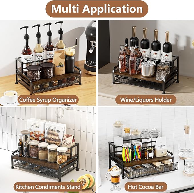 Coffee Syrup Rack Organizer, 3-Tier 8 Bottles Syrup Rack with Pod Holder Drawer for Nespresso Pods, Holds up to 30 Big or 40 Small Capsules, Countertop Coffee Bar Organizer for Kitchen Cafe