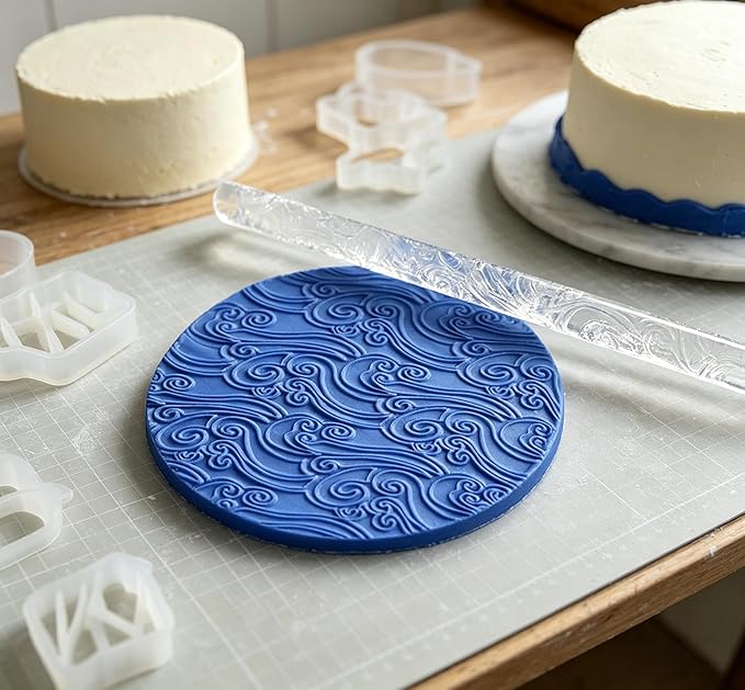 Clear Rolling Pin with Sea Wave Embossing Pattern, Cake Decorating Tool, Pin Baking Tools and Accessories