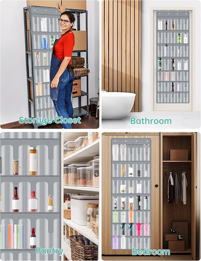 NiHome 35 Pockets Door Hanging Organizer for Large Stanley 30oz 40oz Tumblers with Handles, Deep Clear Pockets with Handle Slots, Waterproof Oxford Fabric for Kitchen, Cabinet, Pantry, Closet (Gray)