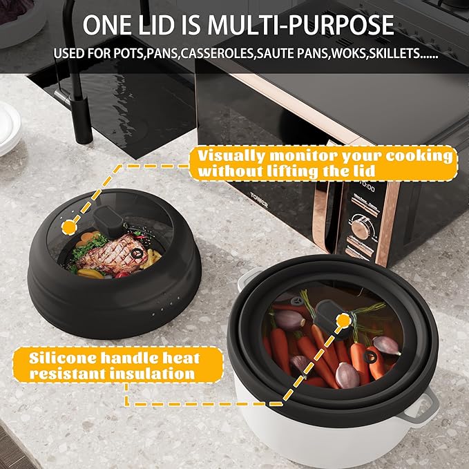 Microwave Splatter Cover, Collapsible Silicone Microwave Plate Cover with Glass for Food, Splatter Guard Lid 10.8 inch Black