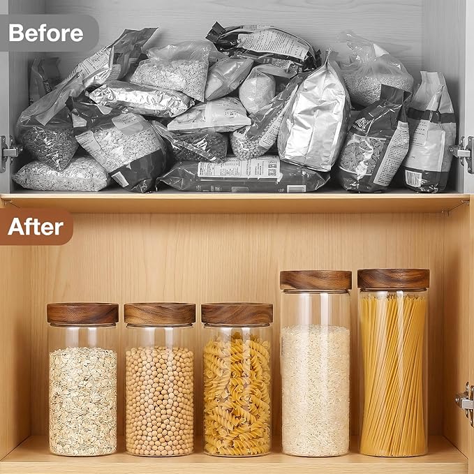 CONNOO 40oz Airtight Glass Storage Containers with Wood Lids (3-Pack) – Includes 120 Pre-Printed Waterproof White Kitchen Labels – Tall Pantry Canisters for Flour, Pasta & Cereal