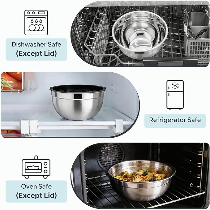 E-far Mixing Bowls With Lids Sets of 5, 10-Piece Stainless Steel Salad Metal Nesting Bowl for Baking Cooking and Prepping, Airtight Lid & Stackable Design, Size 4.6, 3, 2.1, 1.5, 0.7 QT, Black