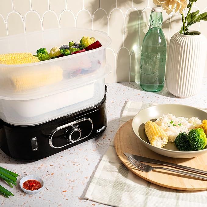 AROMA® Double Food Steamer Basket and Electric Rice Steamer with Easy-Read Water Level and Timer