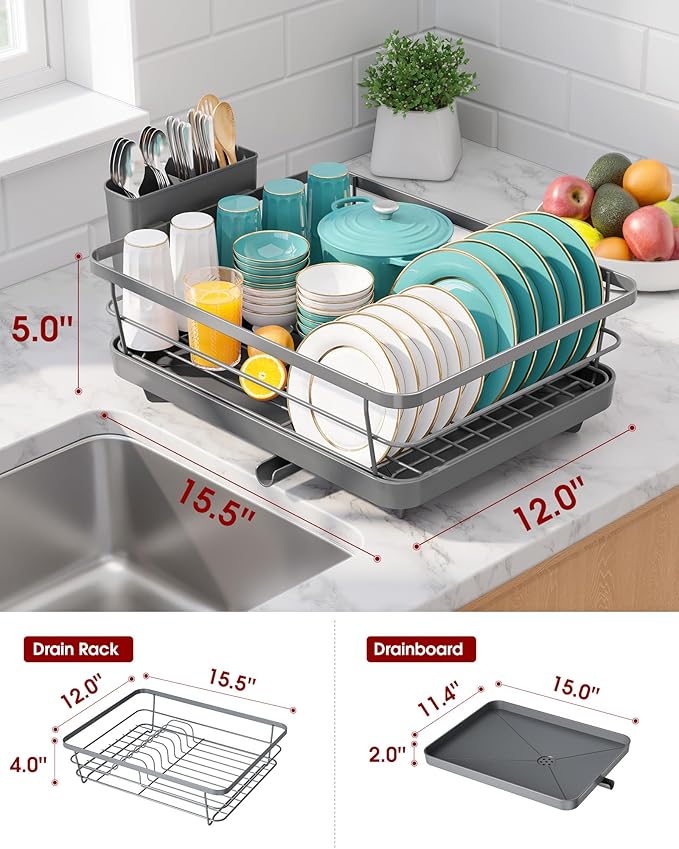 Sakugi Stainless Steel Dish Drying Rack for Kitchen Counter, Sink Organization and Storage Essentials with Silverware & Utensil Holder, Home and Apartment Decor, 12''W x 15.6''L, Gray