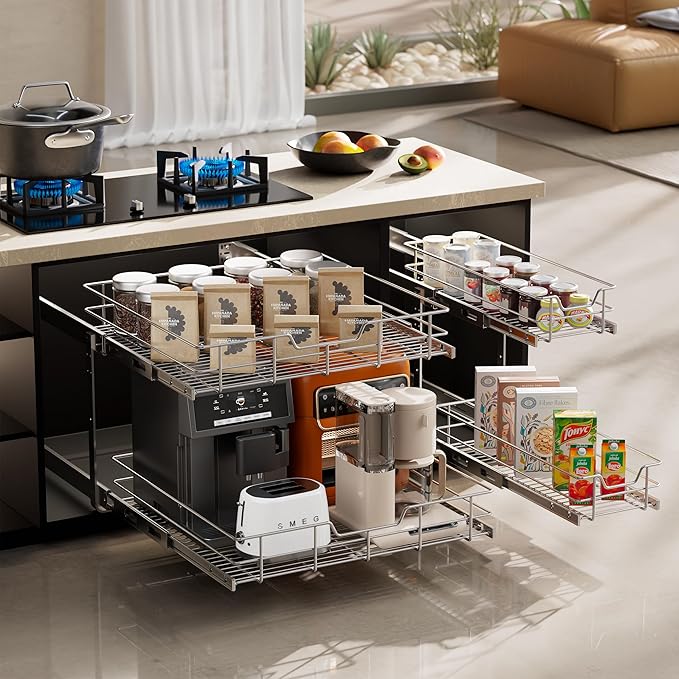 2 Tier Pull Out Cabinet Organizer 9" W X 17" D, Slide Out Drawers For Kitchen Cabinets, Pull Out Drawers For Cabinets Capacity Heavy Duty Caddy, Cabinet Pullout Shelves Chrome-Plated,Bathroom Pantry