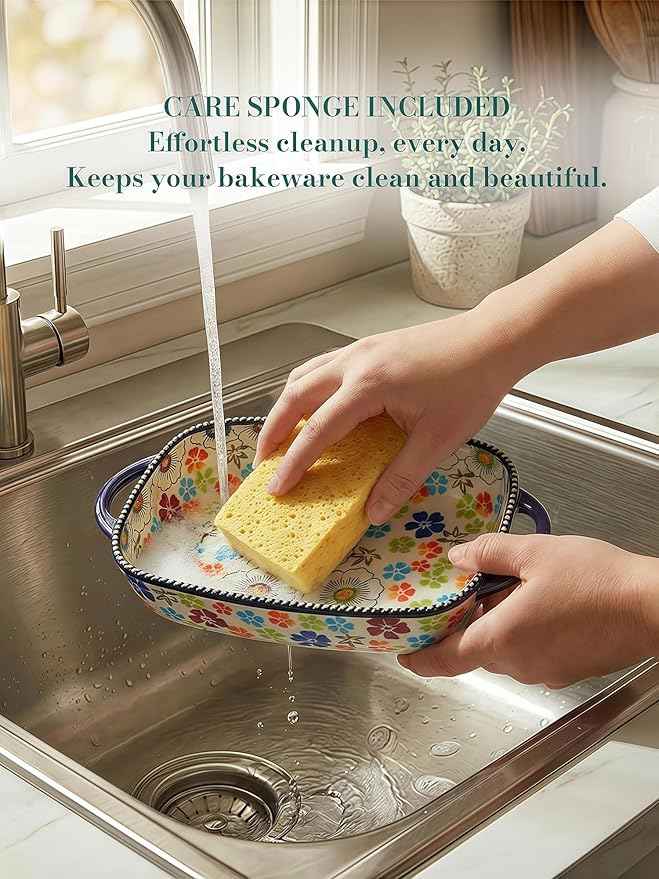 Polish Pottery Style Ceramic Baking Dish Set, 2-Piece Casserole Bakers for 2–3 People, Floral Decorative Bakeware, Oven Safe Lasagna Pan, Microwave Dishwasher Safe, Gift-Ready, Protective Packaging