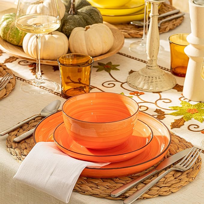 Sweese Plates and Bowls Sets, 18 Piece Dinnerware Set Porcelain Round Dinner Set for 6, Scratch Resistant Dishes Set, Dishwasher Oven Microwave Safe Handpainted Swirl Dishware Sets, Assorted Colors