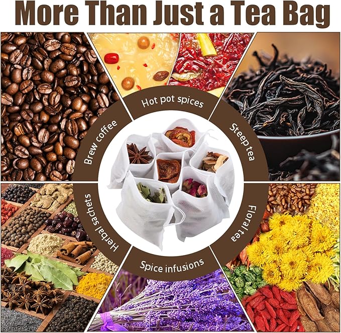 300 PCS Disposable Tea Bags for Loose Leaf Tea, Empty Tea Filter Bags with Drawstring, Fillable Tea Infuser Sachets Suitable for Coffee, Loose Tea, Spice, Herb and More (3.54 x 2.75 inches)