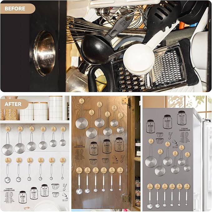 Measuring Cup and Spoon Organizer, 12 Pack Adhesive Wood Hooks for Hanging with 6 Kitchen Conversion Chart Stickers, Kitchen Hooks for Space Saving Storage