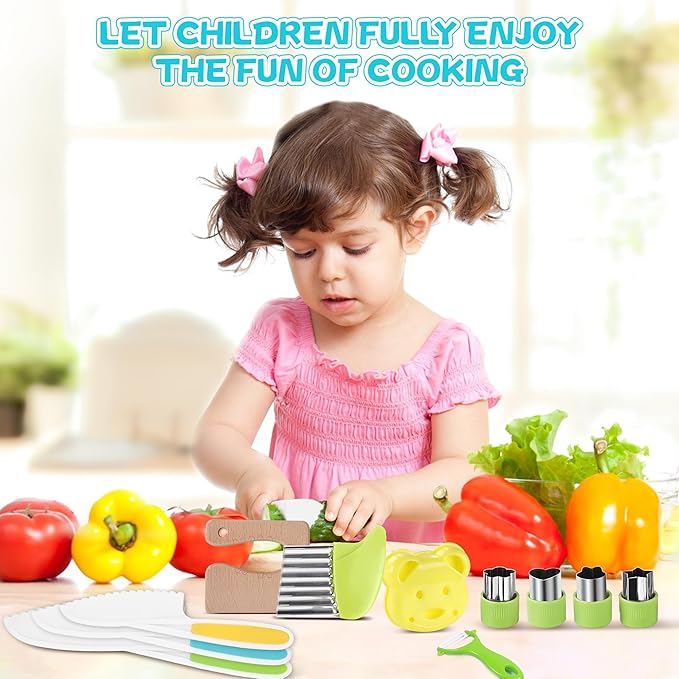 16PCS Montessori Kitchen Tools Cookware Baking Toy, Toddler Baking Set for Real Cooking includes 3 Serrated Edges Plastic Toddler Knives, Cutting Board, Y Peeler, Egg Beater, Toddler Food Picks
