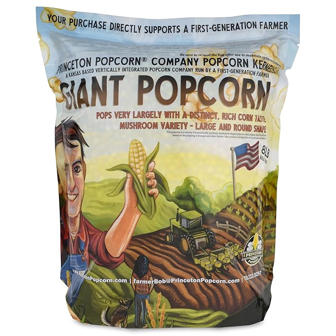 Princeton Popcorn Mushroom Hulless Popcorn Kernels – Easy-Eating, Ball Shaped Tender Popping Corn, Non-GMO Popcorn Kernels, No Hulls, Farmer Direct, Microwave Air Popper or Stovetop Bulk Bag 8lbs