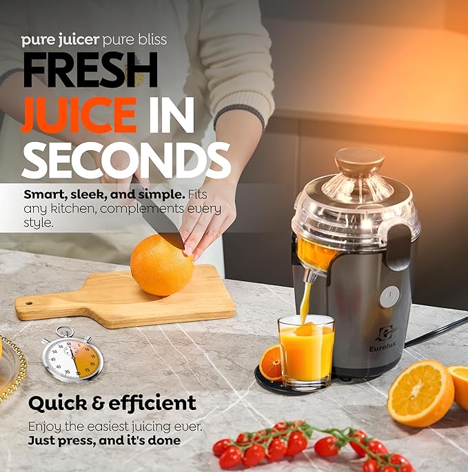 Eurolux Hands-Free Electric Citrus Juicer Machine, Orange Lime Grapefruit Lemon Squeezer, Easy to Clean, 2 Cone Sizes (Gray)