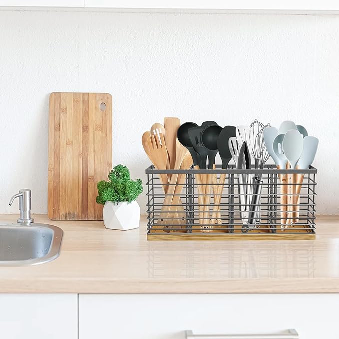 Suli Extra Large Kitchen Utensil Holder Countertop with 4 Compartments,Grey Metal holder with Wooden Base for Countertop,Farmhouse Utensil Organizer for counter,Rustic Cooking Utensil Organizer