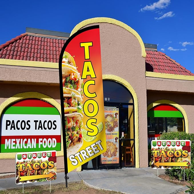 Tenceur 6 Pcs Tacos Burritos Feather Flag Kit, 1.8×5.4ft Tacos Windless Feather Banner Flag, 5 Yard Signs with Pole and Ground Stake for Restaurant Outside Store Business Markets