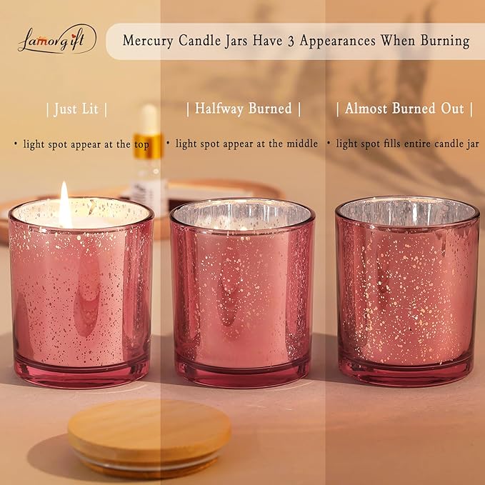 LAMORGIFT 10oz Rose Gold Empty Candle Jars With Lids - 12 Pack Making Containers - Mercury Glass Jars Include 15 Pcs Labels