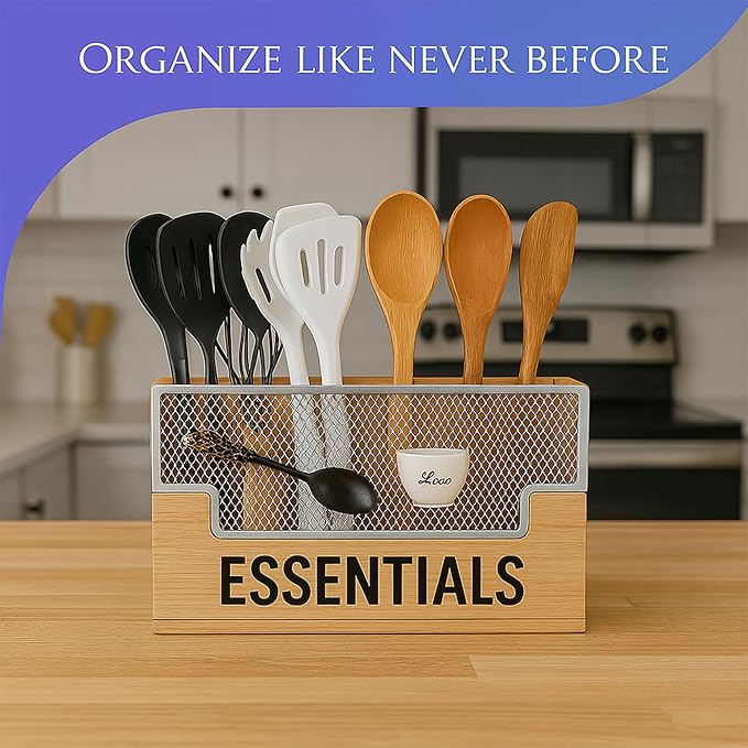 Extra Large Kitchen Utensil Organizer with 4 Compartments, Wooden Utensil Holder for Countertop, Rustic Kitchen Utensil Holder for Silverware & Cooking