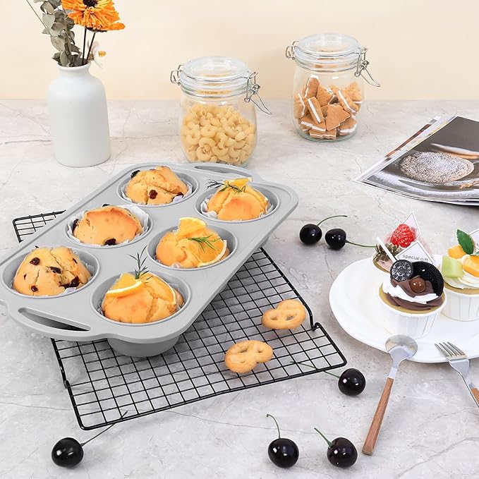 Jumbo Silicone Muffin Pan with Metal Frame, Non Stick Silicone Cupcake Pan with Handles 6 Cup, BPA Free Silicon Muffin Tin Tray Extra Large for baking, egg bites, Cupcake Mold Light Grey