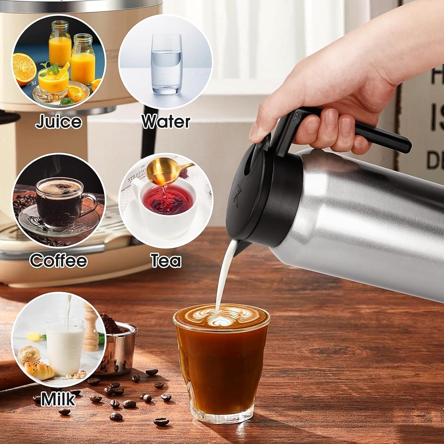 ShineMe Coffee Carafe, 40oz(1.2L) Stainless Steel Thermal Coffee Carafe for Keeping Hot/Cold, Travel Size Insulated Pitcher for Coffee, Tea, Water, Beverage Dispenser