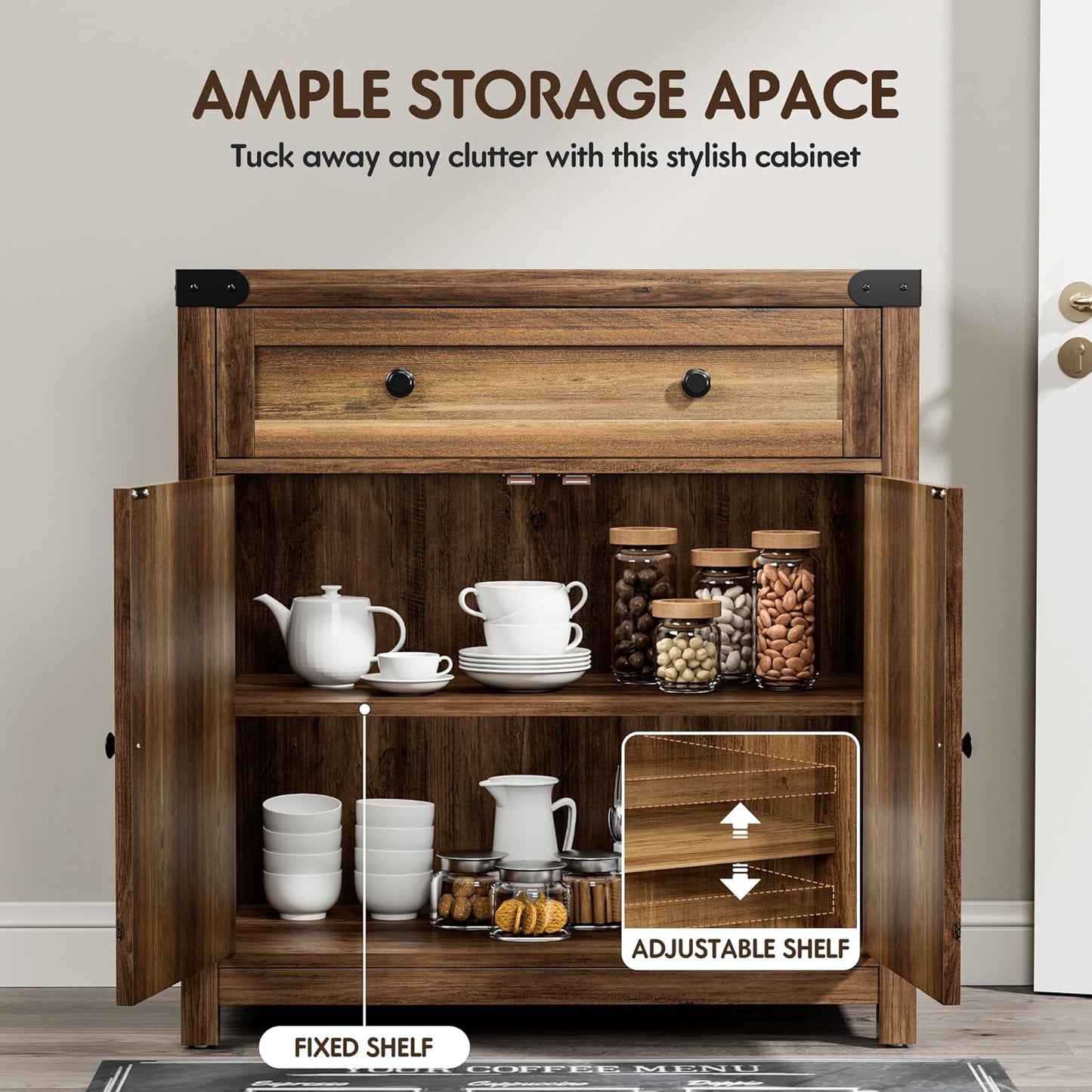 YESHOMY Farmhouse Coffee Bar Cabinet Sideboards, with Barn Doors, Spacious Drawer, Adjustable Interior Shelf, Generous Top Surface, for Kitchen, Bathroom, Entryway, Living Room, Pure Brown
