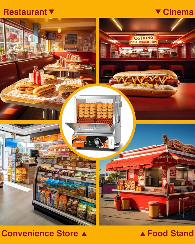 WantJoin Hot Dog Steamer Machine - 28.8QT Commercial Electric Stainless Steel Hotdog Machine with Bun Warmer Tempered Glass Steamer Machine for 160-175 Sausages and 30-40 Buns