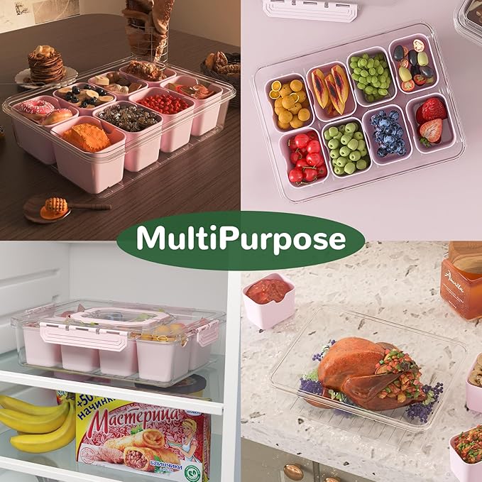 REBECAT Divided Serving Tray with Lid and Handles 8 Compartments Snack Box Container Charcuterie Organizer Snackle Box Container for Candy,Nuts,Fruits,Snacks,2 Pack,Pink