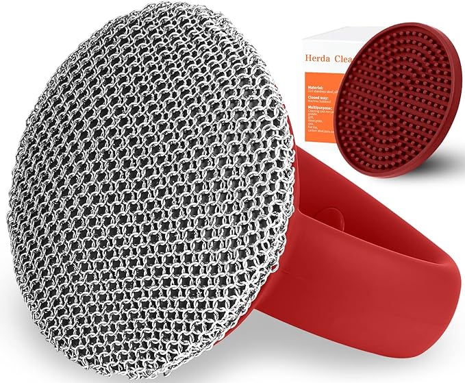 Cast Iron Cleaner Scrubber+Tray with Handle, Welded Chainmail Scrubber for Pan Pot Oven Wok Cleaning- Small Ring Chain Scrub Metal Brush Iron Skillet Steel Wool Scrubber Steel Sponge