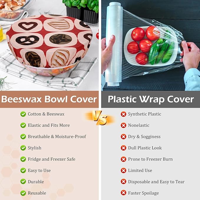 5-Size Reusable Beeswax Bowl Covers for Bread Proofing, Cotton Cloth Flexible Beeswax Wraps for Food Storage(Toast Cat)