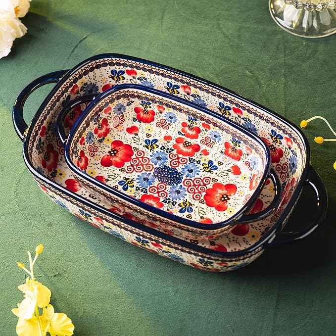 Baking Dish Ceramic Baking Pan Blue Casserole Dish Porcelain rectangular Baking Set 2pcs Bakeware Sets Single Serving Size Lasagna Pan Baking Dishes for oven(Honey Flower)