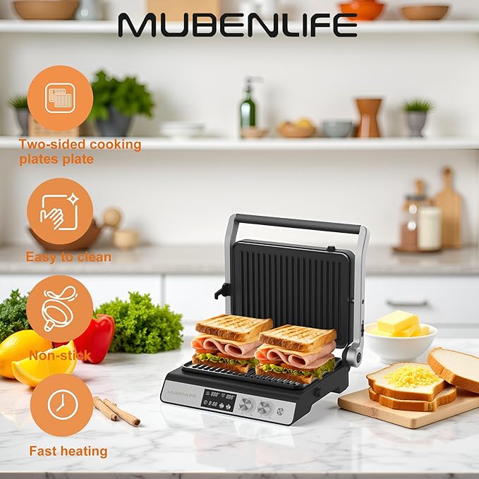 Panini Press,4 Slices Contact Grill with Removable Non-Stick Coated Grill and Flat Plates,Panini Makers with Temperature Control and Timer,Open 180 Degrees,Grill and Griddle (Half black with digital)