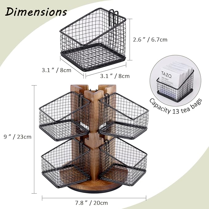 HTB Carousel Tea Bag Organizer for Counter, 2 Tier Tea Bag Holder with 6 Removable Tea Baskets and Acacia Wood Station, Tea Organizers and Storage for Cabinet, Countertop