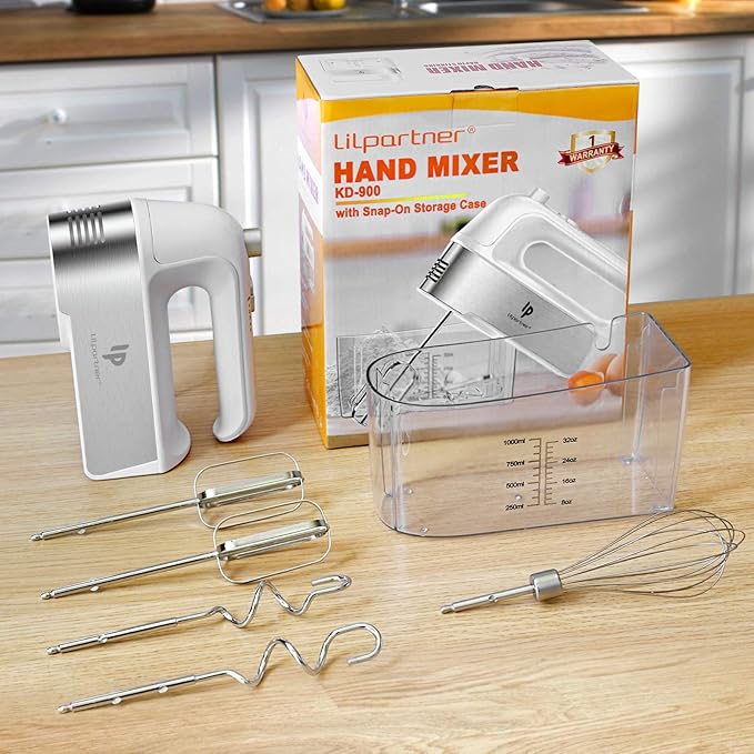 Hand Mixer Electric, 450W Kitchen Mixers with Scale Cup Storage Case, Turbo Boost/Self-Control Speed + 5 Speed + Eject Button + 5 Stainless Steel Accessories, For Easy Whipping Dough, Cream, White