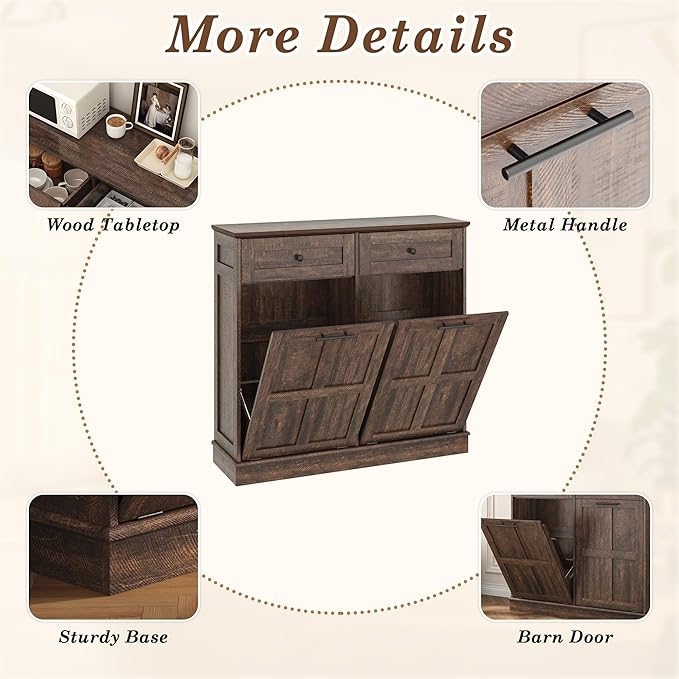chartustriable 26 Gallon Double Tilt Out Trash Cabinet, Pet Proof Barn Door Garbage Can with 2 Drawers, Farmhouse Wood Laundry Hamper & Storage Basket, Kitchen, Rustic Brown