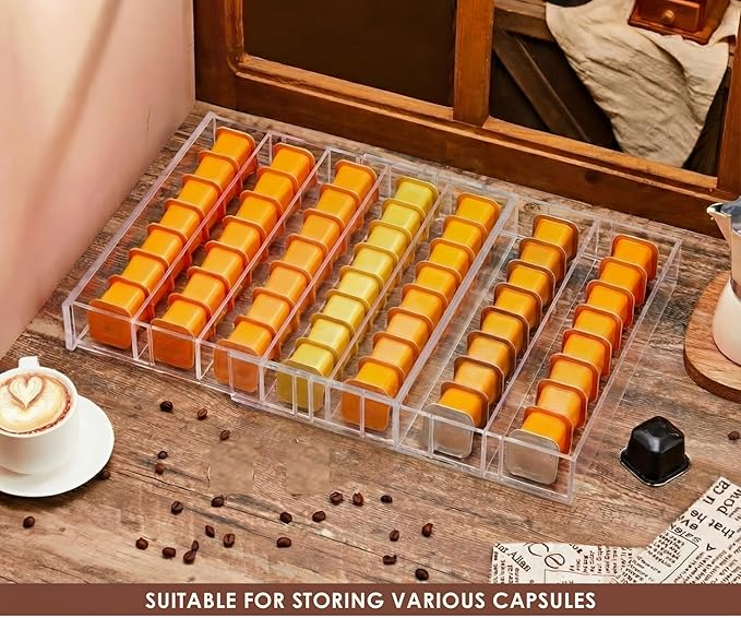 Briwooody Expandable Acrylic Coffee Pod Holder Holds 35 to 70 Capsules or 105 Tea Bags, Compatible with Capsules Coffee Pod Tea Organizer Drawer Organizer 10 Adjustable Compartment