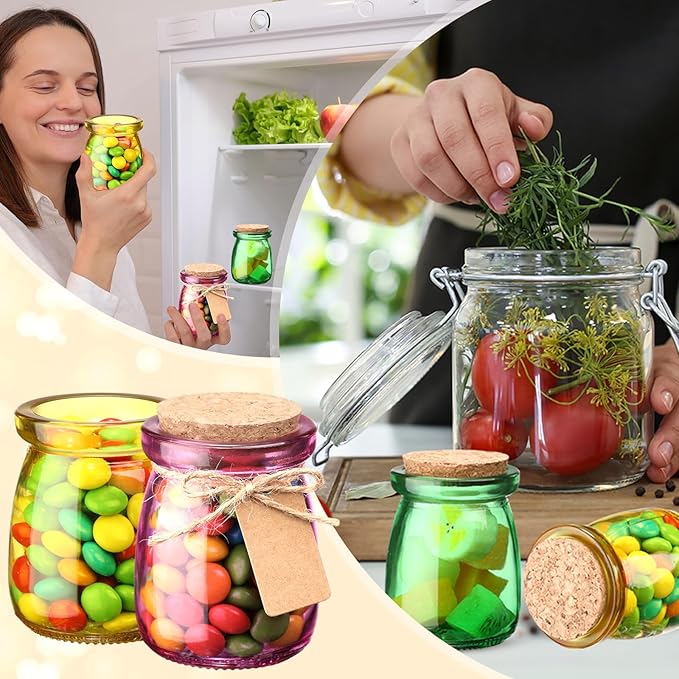 Qinyoung 54 Pack Bulk 3.4 oz Mini Colored Glass Mason Jars with Cork Lids & Labels & Twines — Decorative Storage Containers Multi-purpose for Wedding Holiday Party Favor Gifts DIY Craft Home Decor