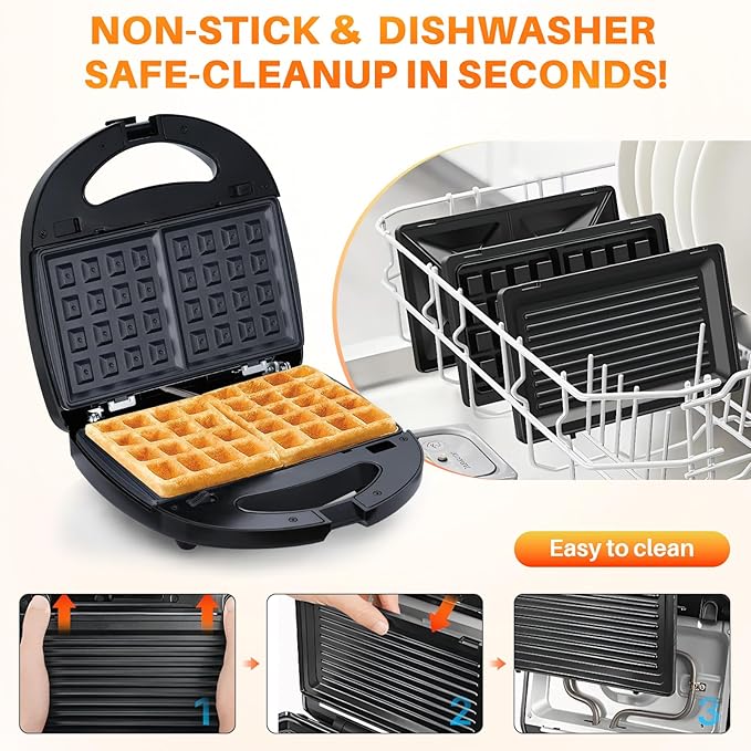 6 in 1 Waffle Iron Set, Panini Press Grill and Electric Sandwich Maker with Removable Non-Stick Plate, Ideal for Cooking Grilled Cheese, Tuna Melts, Burgers