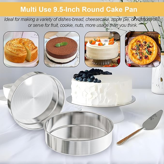 9½ Inch Cake Pan Set of 2, Nonstick Circle Stainless Steel Round Layer Cake Baking Pans Tins with 100PCS Parchment Paper for Birthday Christmas, Healthy & Non-Toxic, Silicone Spatula & Dishwasher Safe