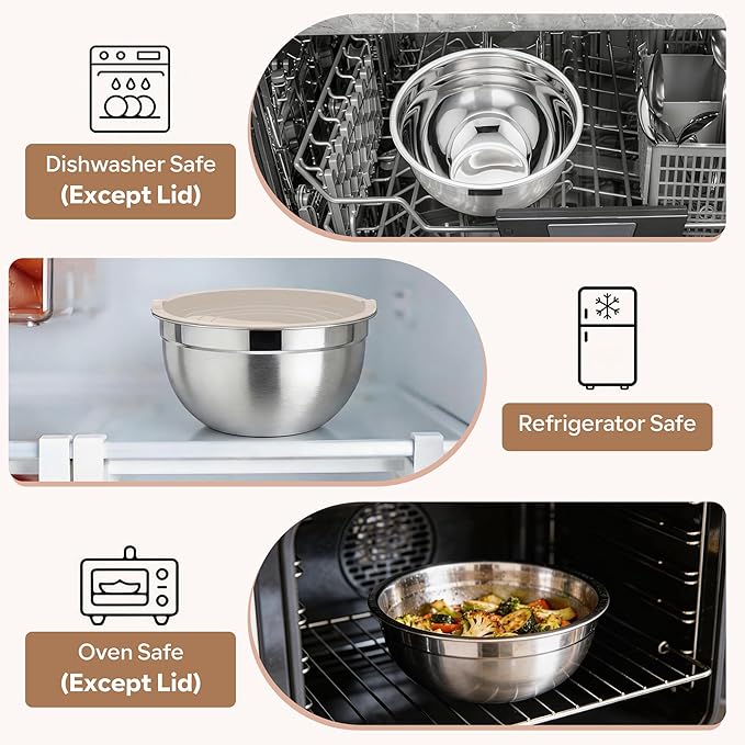 E-far Mixing Bowls With Lids Sets of 5, 10-Piece Stainless Steel Salad Metal Nesting Bowl for Baking Cooking and Prepping, Airtight Lid & Stackable Design, Size 4.6, 3, 2.1, 1.5, 0.7 QT, Khaki
