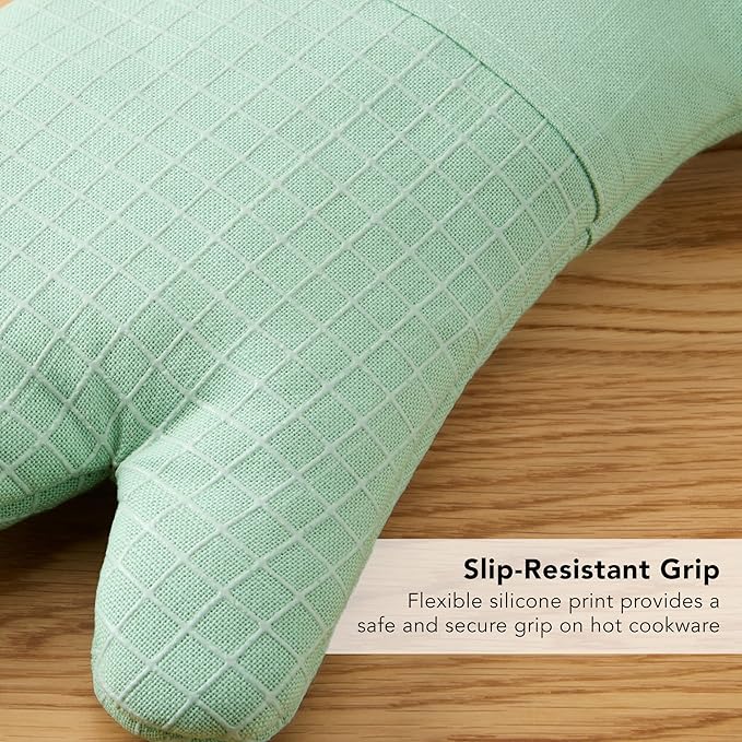 KITCHENAID Gourmet Series Gridlines Oven Mitts 2-Pack Set, Heat Resistant up to 600°F, Soft Silicone Grip, Magnetic Cuff, Pistachio Green, 7"x14"
