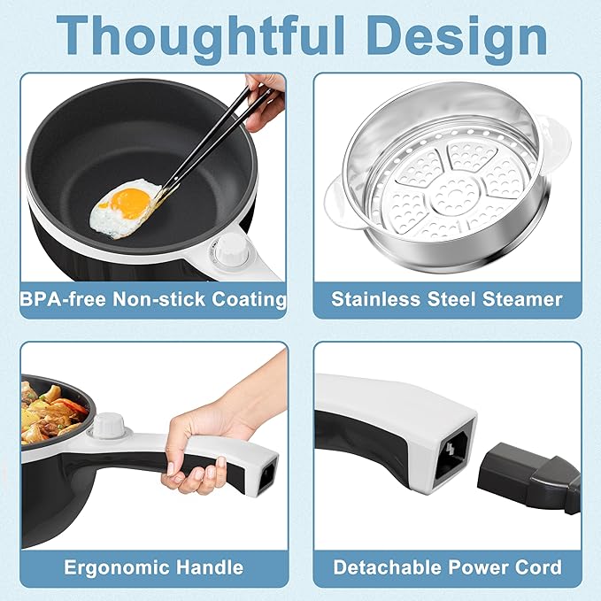 Dezin Hot Pot Electric with Steamer Upgraded, Non-Stick Sauté Pan, Rapid Noodles Electric Pot, 1.5L Mini Pot for Steak, Egg, Fried Rice, Ramen, Oatmeal, Soup with Power Adjustment