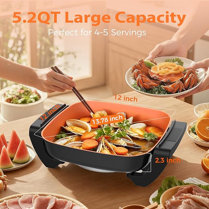 OSTBA 12"x12" Electric Skillet with Glass Lid, 5.2QT Large Nonstick Frying Pan for Family Meals, 1500W Fast Heating, 5-Level Adjustable Temperature Control, PFOA Free, Easy to Clean