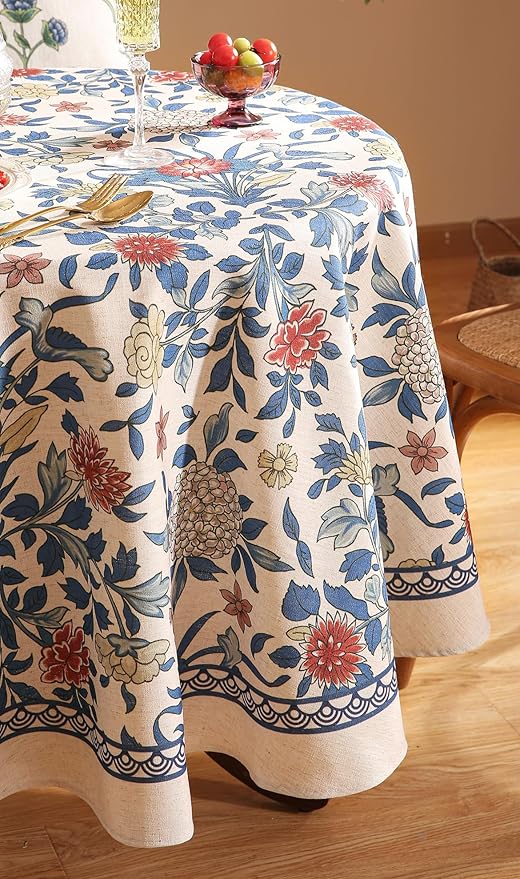 patdrea Designer Small Blue Tablecloth for Round Table,Vintage Linen Leaves and Floral Pattern Tablecloths,Farmhouse Decor Cover for Kitchen Dining Christmas,Thanksgiving,Diameter 55"-Ivar a