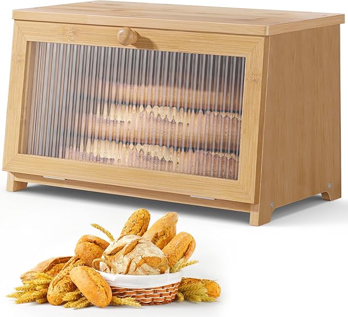 Kitsure Bread Box - Wooden Bread Box for Kitchen Countertop, Large Capacity Kitchen Countertop Organizer, Stylish Bread Storage with Window, Multi-functional Container, Bamboo, 15.0"x8.3"x9.1" (1T)