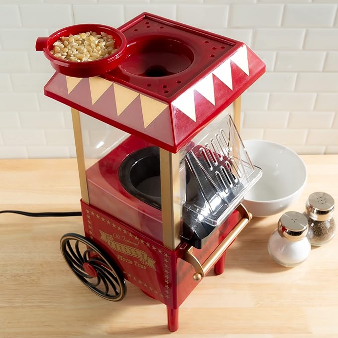 Air Popper Popcorn Maker - Hot Air Popcorn Popper - 6-Cup Vintage Style Oil Free Countertop Popping Machine with Measuring Cap - Movie Night Supplies by Great Northern Popcorn (Red)