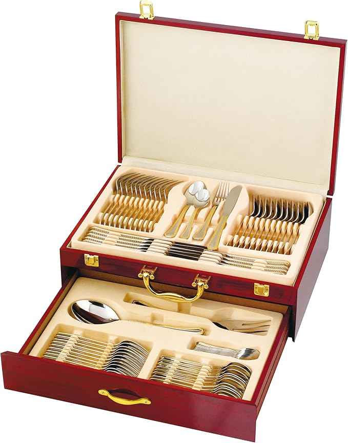 75-Pc Luxury Gold Flatware Set for 12 w/Wooden Storage Case, 24 kt Plated Premium Dining Cutlery Service, 18/10 Surgical Stainless Steel Silverware Hostess Serving Set in a Chest